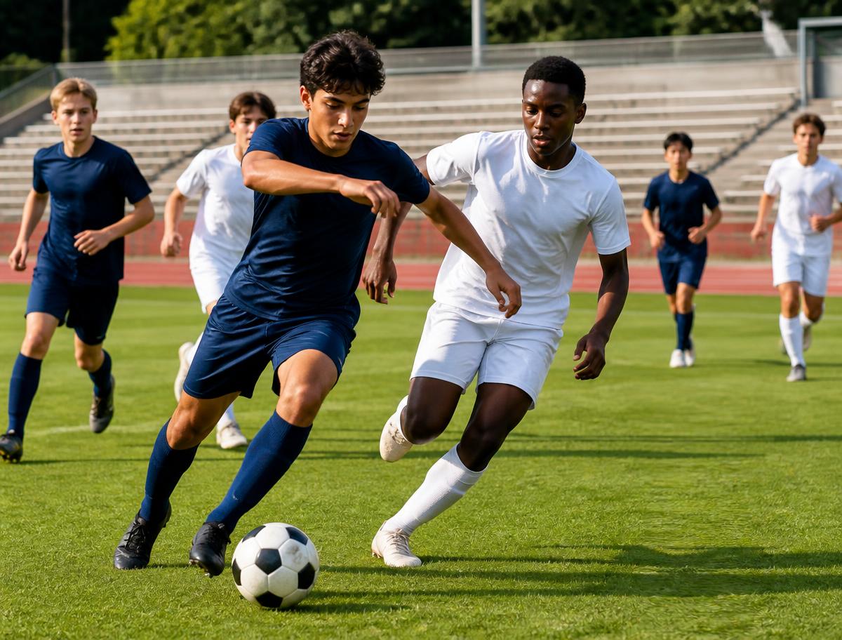 Students playing soccer on the athletics field